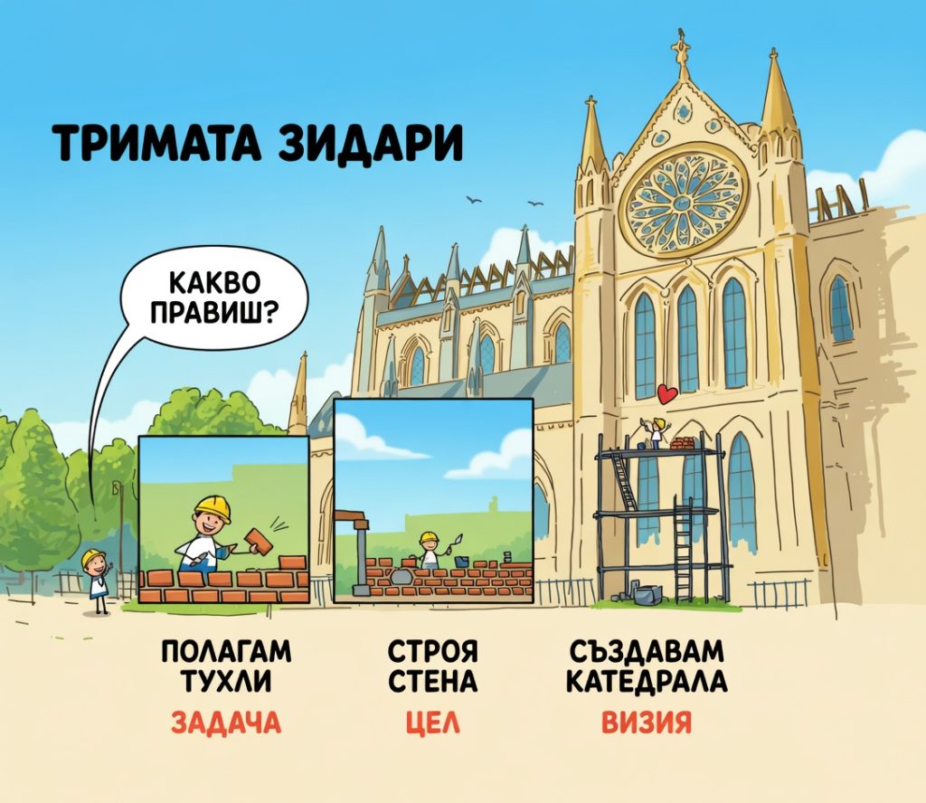 Илюстрация на тримата зидари, работещи с различна мотивация и визия.
