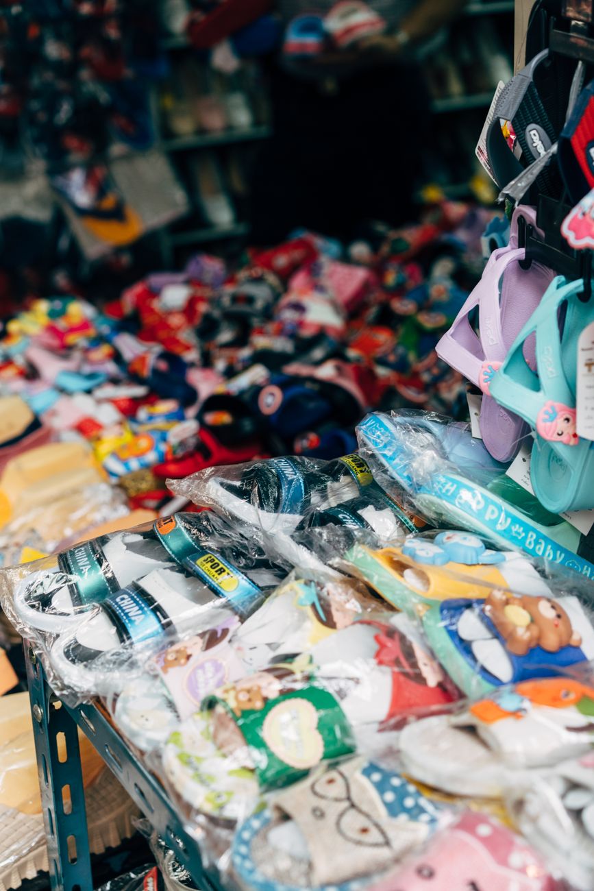 displayed slippers at a market