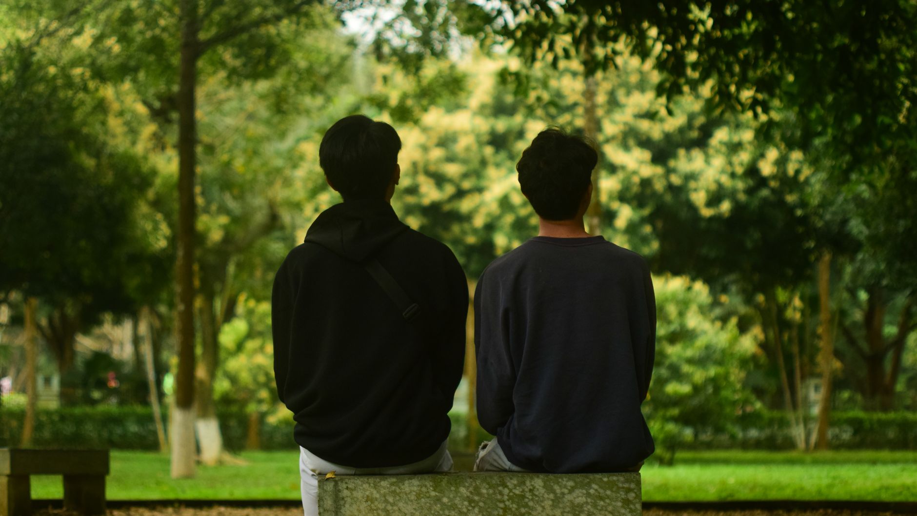 two people sitting in a peaceful park