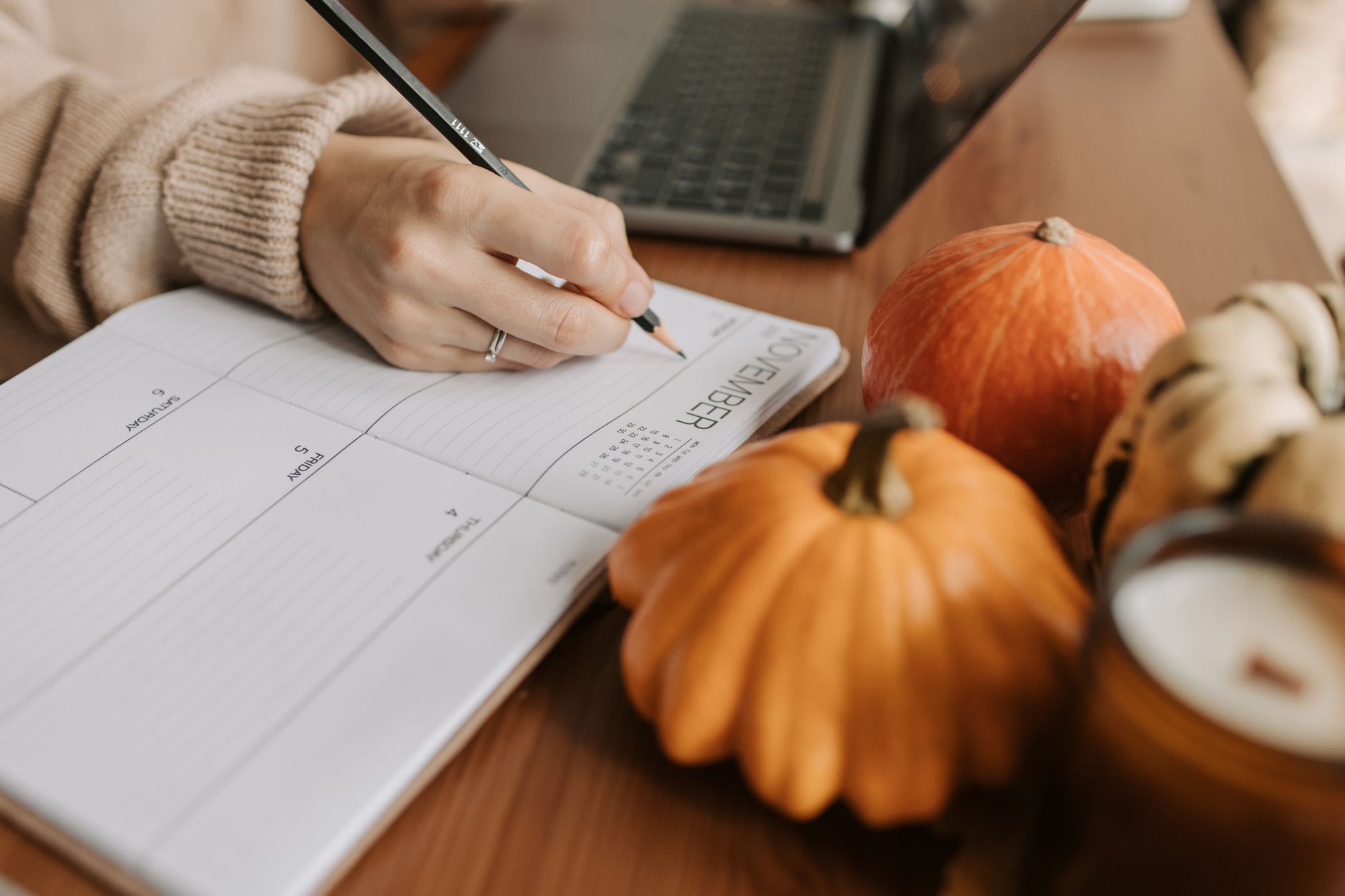 a person holding a pen over a planner